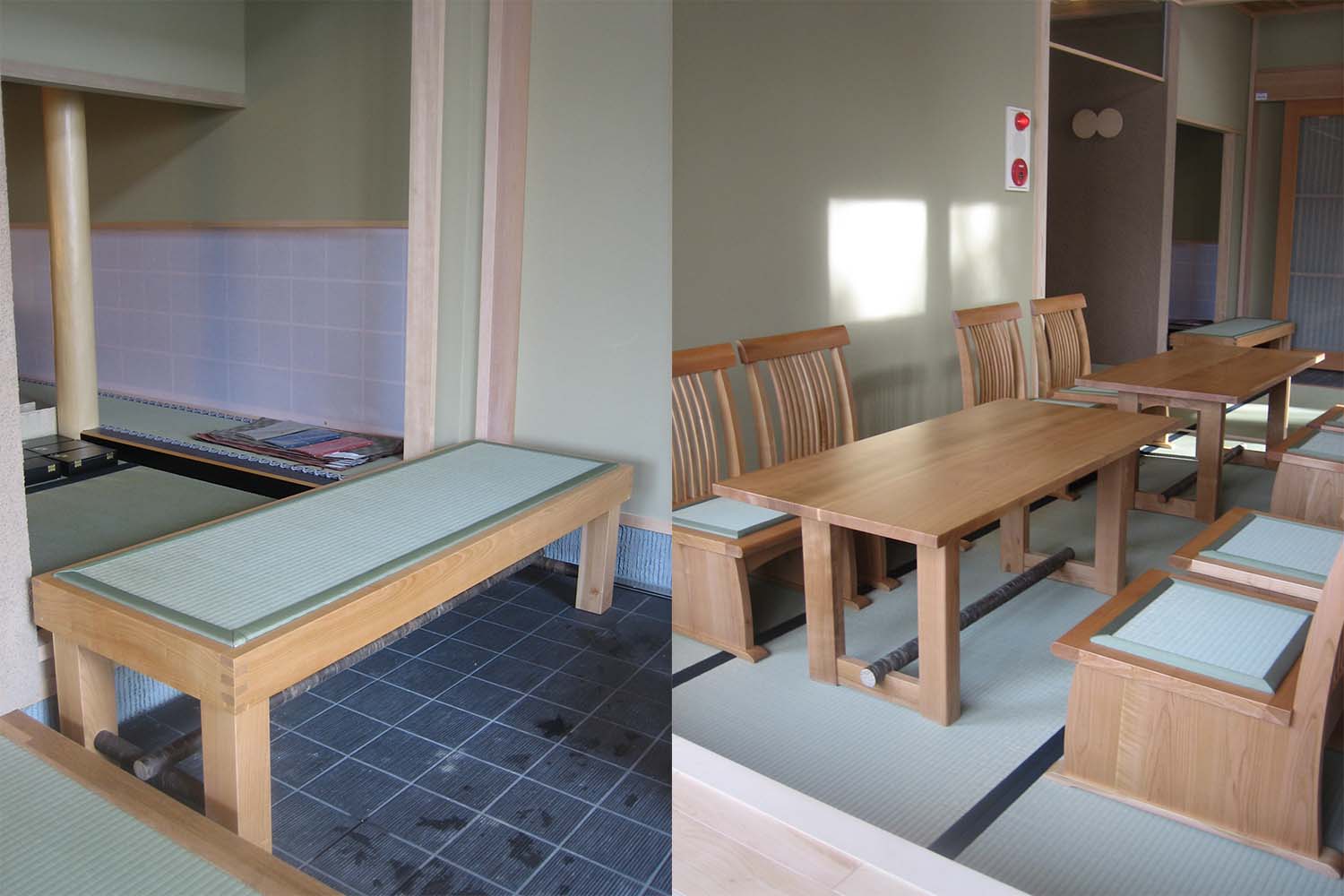 畳のベンチと畳の座椅子が置いてある旅館のロビー：澪工房
