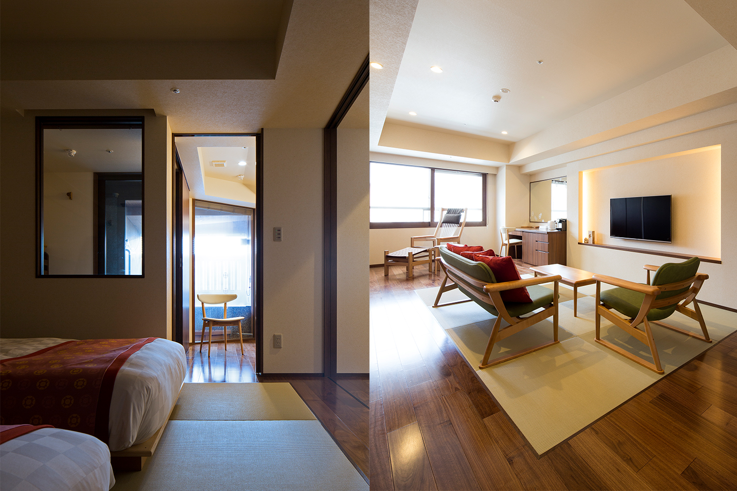 白いASARIチェアとグリーンのMAMEソファを置いてあるホテルの客室：澪工房
